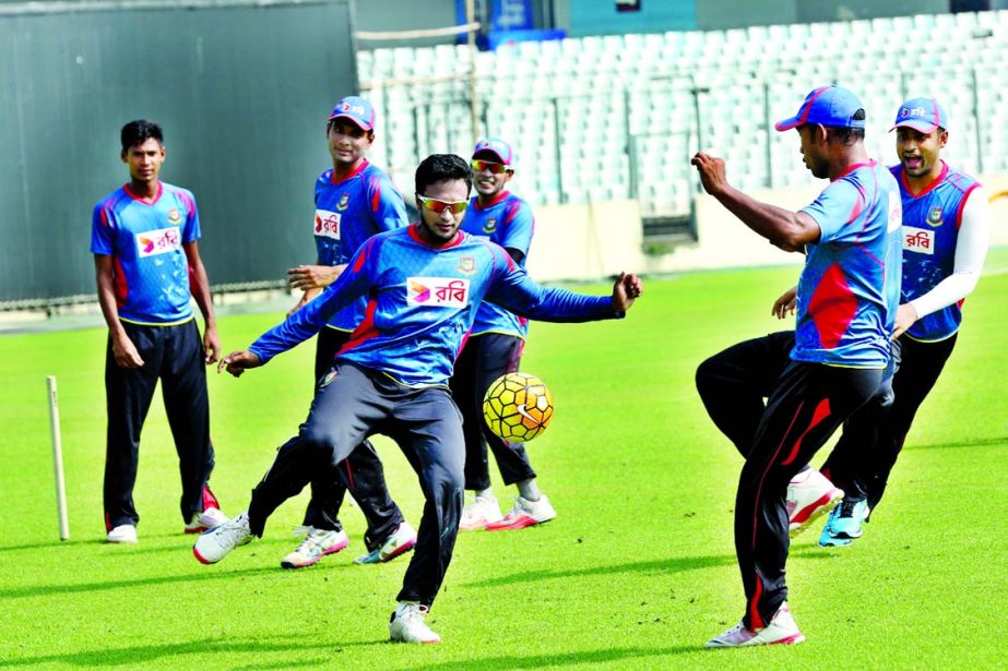 Members of Bangladesh National Cricket team taking part at a practice session at the Sher-e-Bangla National Cricket Stadium in Mirpur on Tuesday.