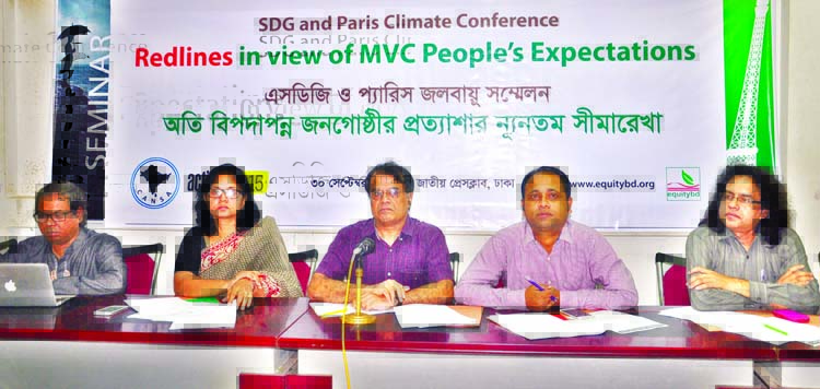 Coordinator of Equitybd, Rejaul Karim Chowdhury speaking at a seminar on 'SDG and Paris Climate Conference: Redlines in view of MVC People's Expectation' organized by different organisations at the Jatiya Press Club on Wednesday.