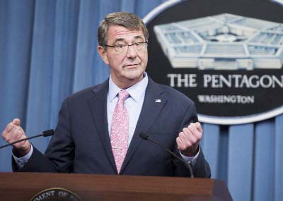 US Secretary of Defense Ashton Carter speaks about Russian airstrikes in Syria during a press briefing at the Pentagon in Washington, DC on Wednesday.