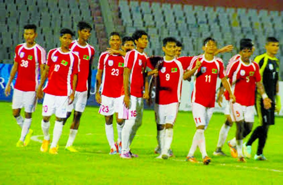 Players of Bangladesh Under-19 Football team coming out from the field after defeating Sri Lanka Under-19 Football team by 2-0 goals in the AFC Under-19 Championship Qualifiers at the Bangabandhu National Stadium on Friday.