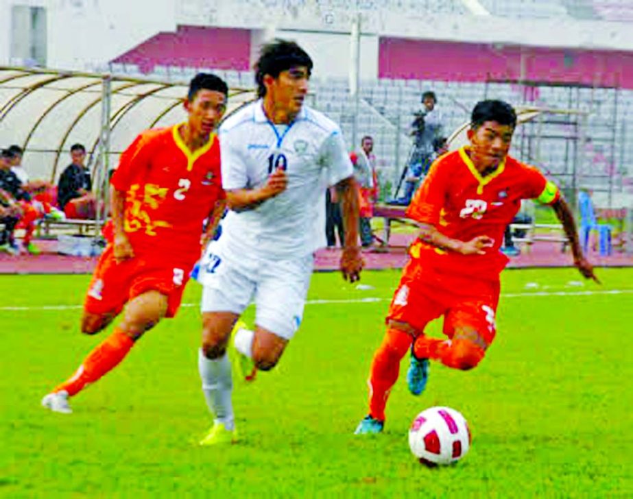 A moment of the match of the AFC Under-19 Championship Qualifiers between Uzbekistan Under-19 Football team and Bhutan Under-19 Football team at the Bangabandhu National Stadium on Friday.