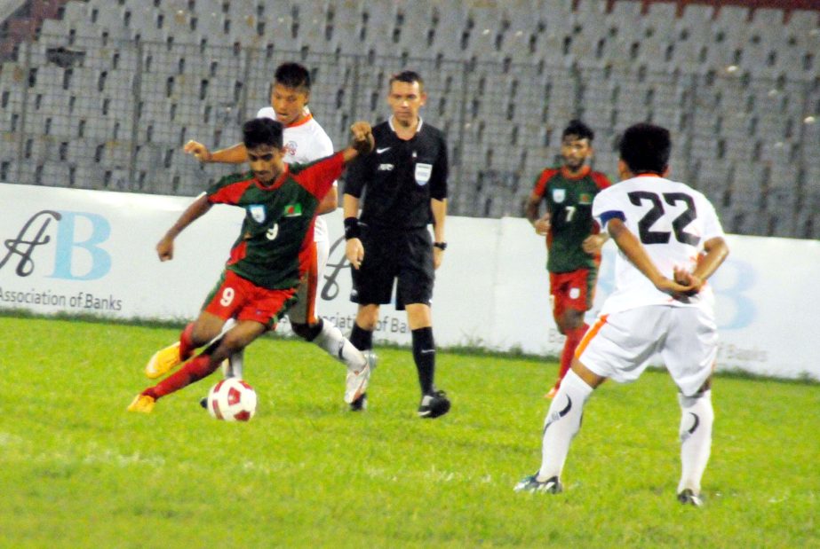 A moment of the match of the AFC Under-19 Championship Qualifiers between Bangladesh Under-19 Football team and Bhutan Under-19 Football team at the Bangabandhu National Stadium on Sunday.