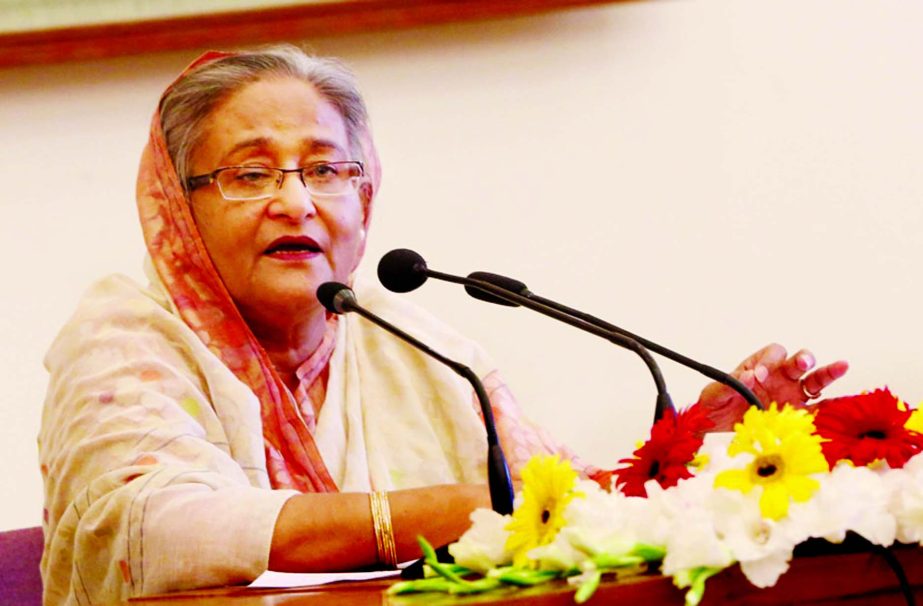Prime Minister Sheikh Hasina speaking at a press conference at Ganobhaban on Sunday.