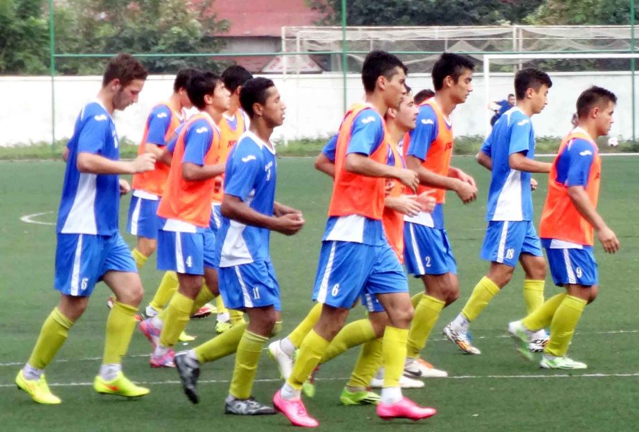 Players of Uzbekistan Under-19 football team during their practice session at the BFF Artificial Turf on Monday.