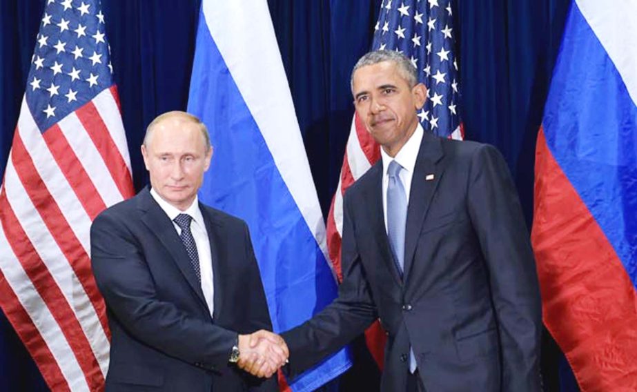 US President Barack Obama shaking hands with Russia's President Vladimir Putin.