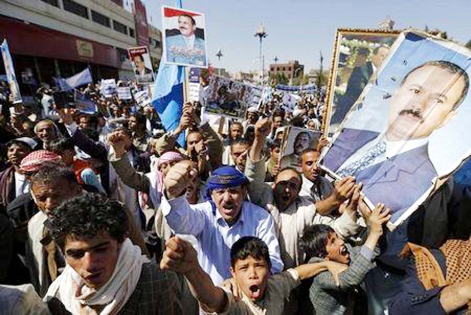 Supporters of Yemen's former President Ali Abdullah Saleh demonstrate during a show of support in Sanaa .