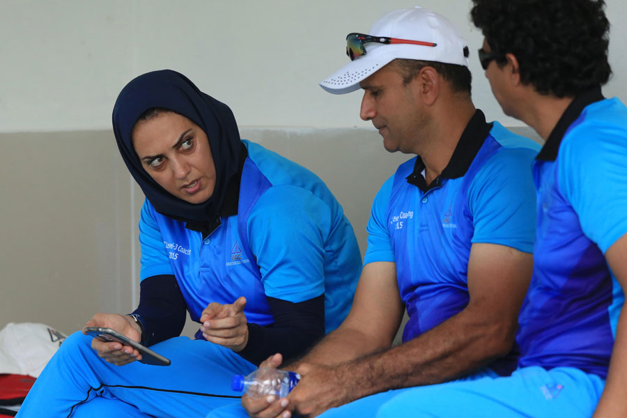 Iran women's coach Mozhdeh Bavandpour (left) with other coaches at ACC's level-3 coaching course in Mirpur on Tuesday.