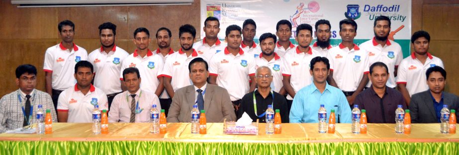 8th International Inter-Varsity Cricket Invitational-2015 participating Daffodil International University Cricket team members along with distinguished guests at the "Meet the Press"" held at Daffodil International University on Wednesday."