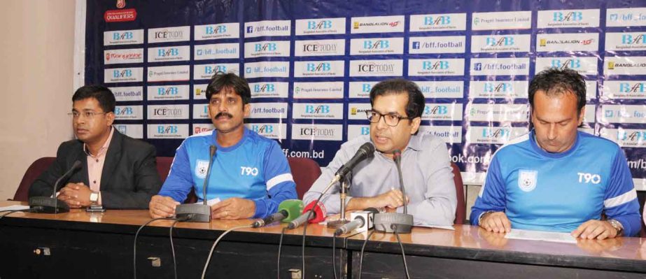 Vice-President of Bangladesh Football Federation (BFF) Kazi Nabil Ahmed speaking at a press conference at the conference room of BFF House on Thursday.