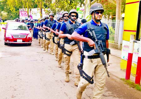 Members of SWAT [Special Weapons And Tactics] started patrolling on the roads of diplomatic zone from Thursday afternoon as part of additional security measures to the diplomats and foreign nationals. This photo was taken from Gulshan area.