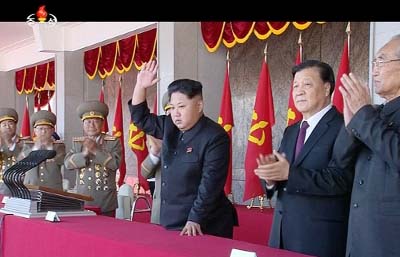 North Korean leader Kim Jong Un (centre) along with Liu Yunshan, China's Communist Party's No. 5 leader, second right, waves during the ceremony to mark the 70th anniversary of the country's ruling party in Pyongyang.