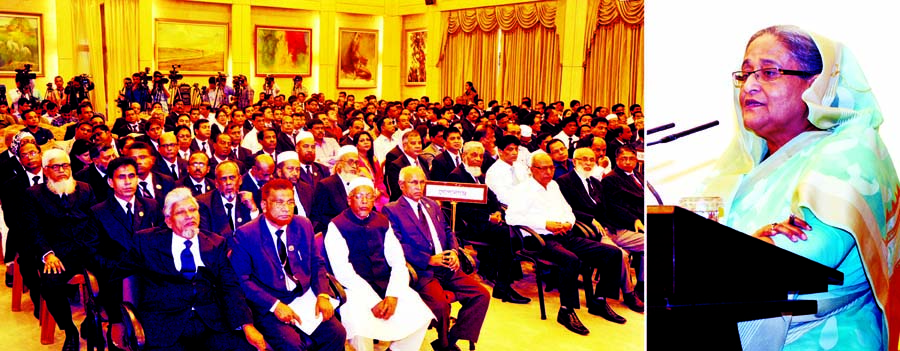 Prime Minister Sheikh Hasina speaking at an opinion sharing meeting with the leaders of Lawyers Association of Chittagong, Barisal, Rangpur, Gopalganj and Gazipur districts at Ganobhaban on Saturday. BSS photo