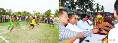 KISHOREGANJ: Rezwan Ahmed Toufic MP distributing trophy among the winners of Kishoreganj Sadar Kabaddi team organised by IGP National Youth League held at Kishoreganj Old Stadium on Saturday. DC GSM Zafarullah , SP Md Anwar Hossain Khan, Sadar UNO Abu N