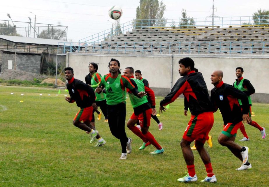 Members of Bangladesh National Football team taking part at their practice session at the Kyrgyzstan Football Federation Field in Bishkek, Kyrgyzstan on Sunday.