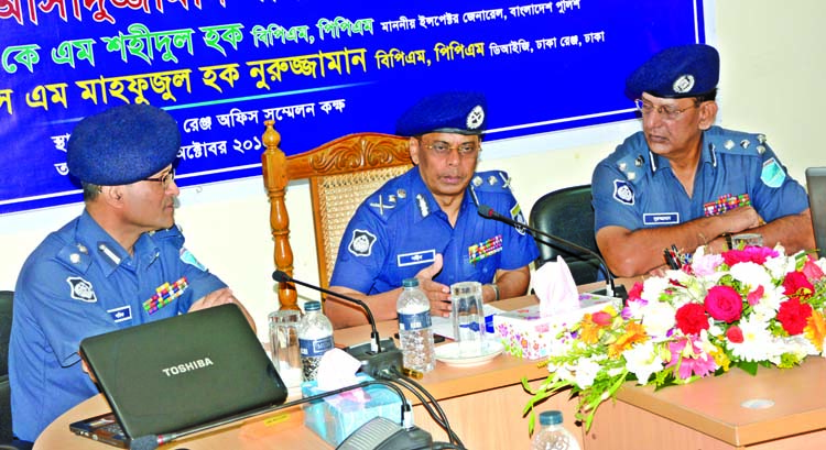 Inspector General of Police AKM Shahidul Haque speaking at a meeting on security measures during Durga Puja and crime review at the office of Dhaka Range on Wednesday.