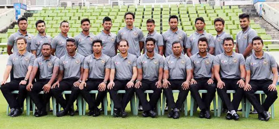 The South Africa-bound Bangladesh A team taking part at a photo session at the Sher-e-Bangla National Cricket Stadium in Mirpur on Wednesday.