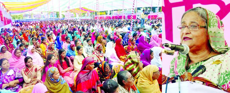 Prime Minister Sheikh Hasina addressing a huge rally at Kalihat Girlsâ€™ High School Maidan under Kurigram district on Thursday.