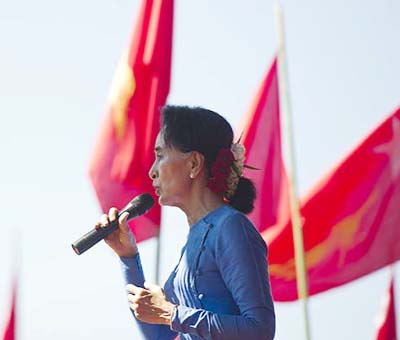 National League for Democracy chairperson Aung San Suu Kyi speaks during a campaign rally at Thandwe city in Rakhine State on Saturday.