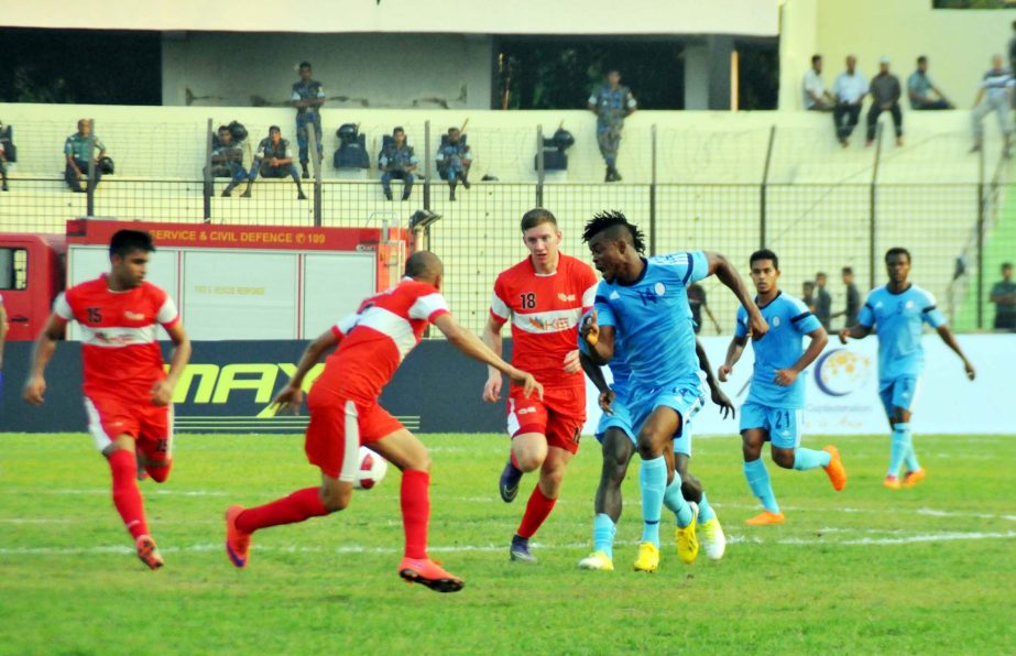 A moment of the opening match of Sheikh Kamal International Club Cup Football tournament between Dhaka Abahani and Karachi Electric FC at M A Aziz Stadium in Chittagong on Tuesday