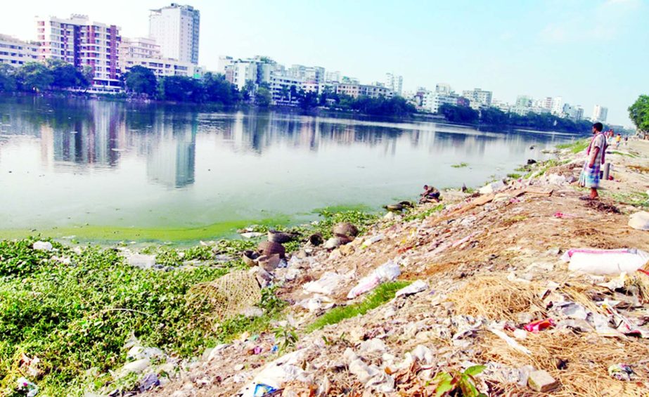City's Gulshan Lake losing its scenic beauty as unlawful dumping of garbage at the side of the lake continued to create environmental hazards and polluting of waters. The snap was taken from near Badda area on Wednesday.