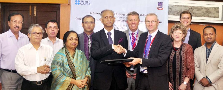Vice-Chancellor of Dhaka University Prof Dr AAMS Arefin Siddique and Chief Operating Officer of the British Council Adrian Greer sign a MoU to introduce 'Citizenship Education and Community Engagement Program' at the University on Tuesday.