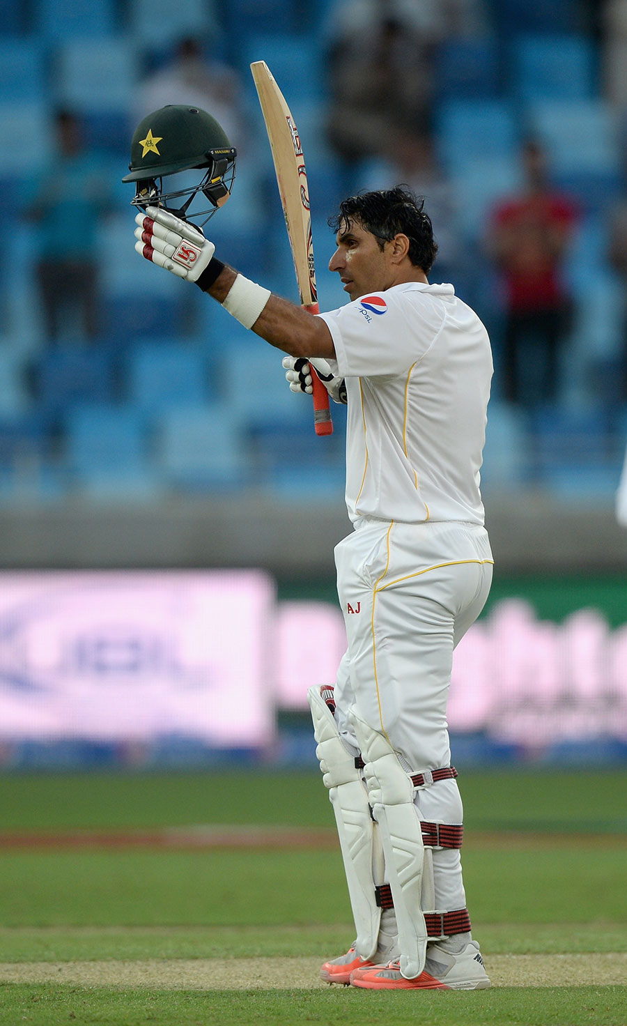 Misbah-ul-Haq brought up his century in the final over of the day during the 2nd Test between Pakistan and England at Dubai on Thursday.