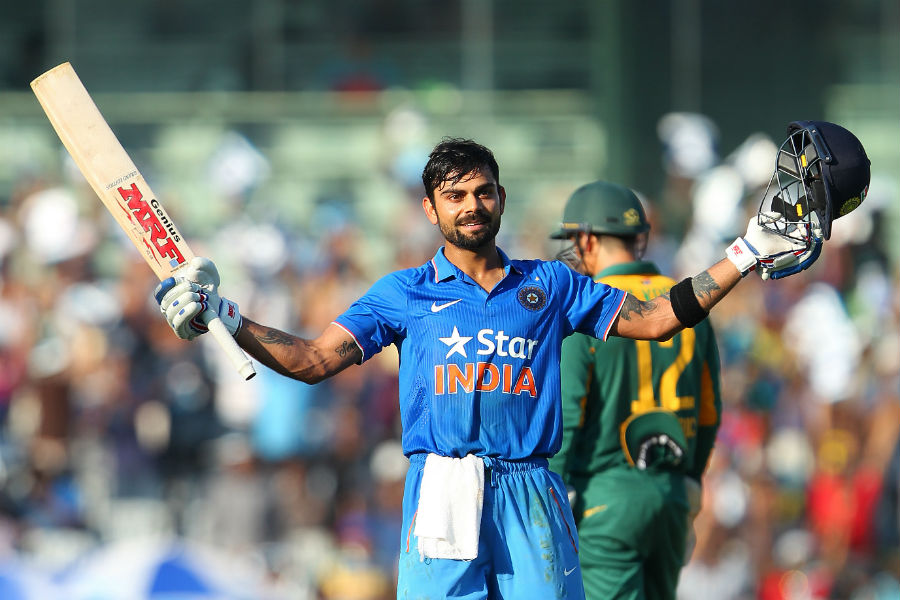 Virat Kohli celebrates his hundred during the 4th ODI between India and South Africa at Chennai on Thursday.