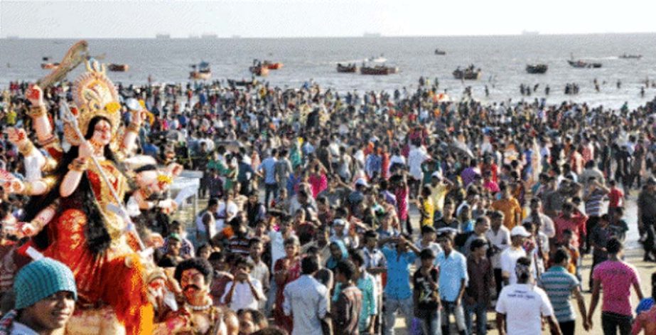 An aerial view of immersion of Goddes Durga at Patenga Sea Beach yesterday.