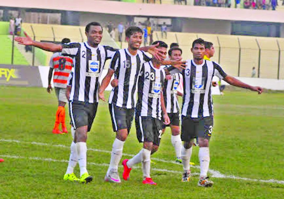 Players of Dhaka Mohammedan Sporting Club Limited celebrating after crushingSolid FC of Sri Lanka by 6-1 goals in their match of the Sheikh Kamal International Club Cup Football Tournament at the MA Aziz Stadium in Chittagong on Friday.