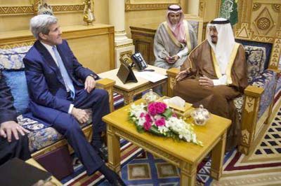 U.S. Secretary of State John Kerry (L) meets with King Salman of Saudi Arabia (R) in Diriyah Farm, Saudi Arabia on Saturday.