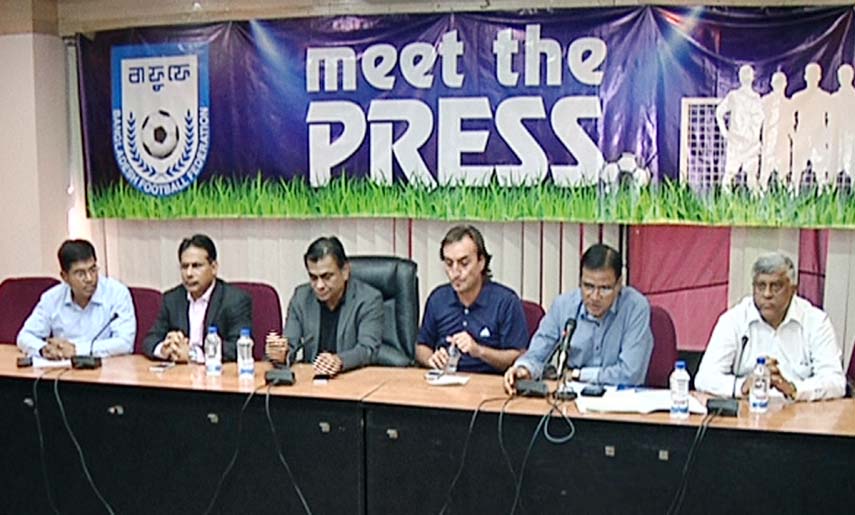 Vice-President of Bangladesh Football Federation (BFF) Badal Roy (2nd from right) addressing a press conference at the conference room of BFF House on Sunday.