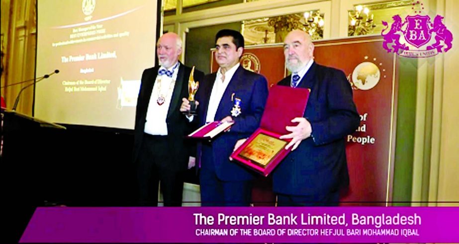 The Socrates Committee, Oxford UK presenting "Best Enterprise Certificate-2015" to Dr HBM Iqbal, Chairman of Premier Bank Ltd in a ceremony at Cannes, Paris. He also received "Best Manager of the Year" certificate.