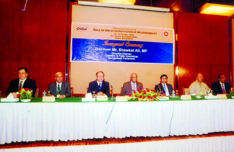 Shawkat Ali, MP and Comptroller and Auditor General of Bangladesh Masud Ahmed, among others, at the international seminar of Office of Comptroller and Auditor Generals at Pan Pacific Sonargaon Hotel in the city on Monday.