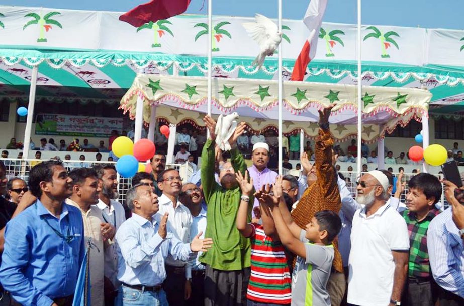 Governor of Bangladesh Bank Dr Atiur Rahman inaugurating the Governors Cup Football Competition at the Rangpur Stadium on Monday.