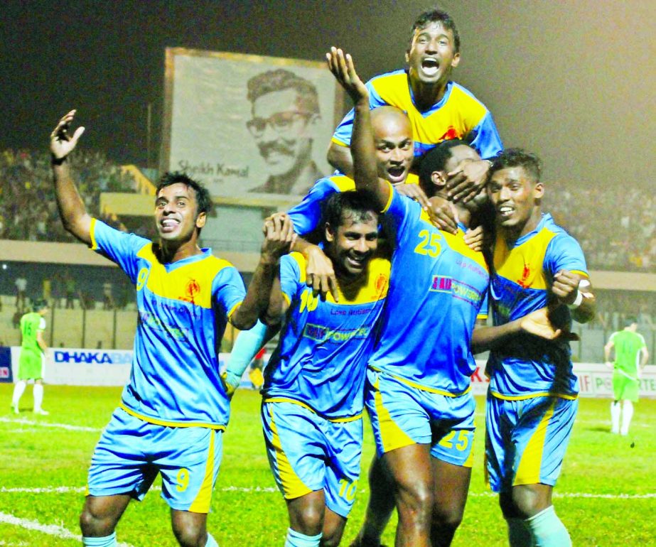 Players of Chittagong Abahani Ltd celebrate after scoring a goal against Springer Bazan Club of Afghanistan during the semifinal match of the Sheikh Kamal International Club Cup Football Tournament at the MA Aziz Stadium in Chittagong on Tuesday. Chittag