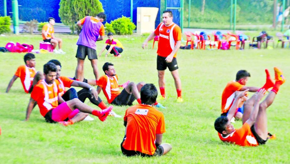 Players of Kingfisher East Bengal Club during a practice session at Dam Para Police Line Ground in Chittagong on Tuesday.