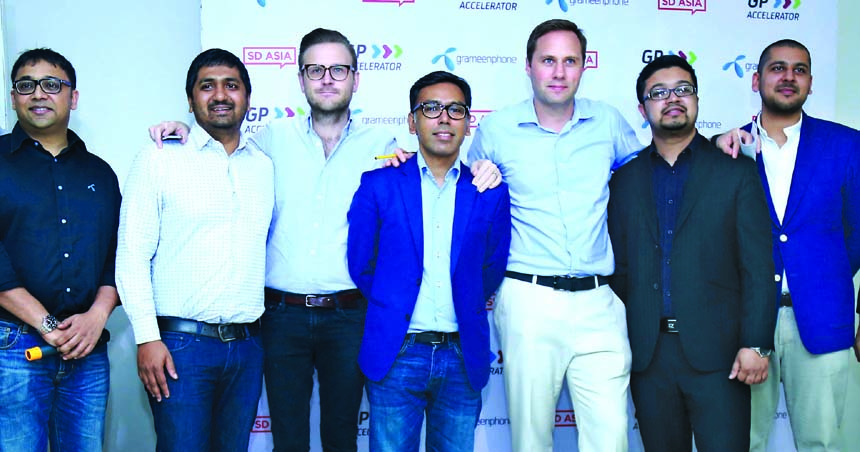 Erlend Prestgard, Chief Strategy Officer, Faisal Kabir, Project Director, GP Accelerator of Grameenphone, Mustafiz Khan, CEO, M Fayaz Taher, Co-Founder, Samad Miraly Co-Founder of SD Asia pose at the launching ceremony of 'GP Accelerator program' at the