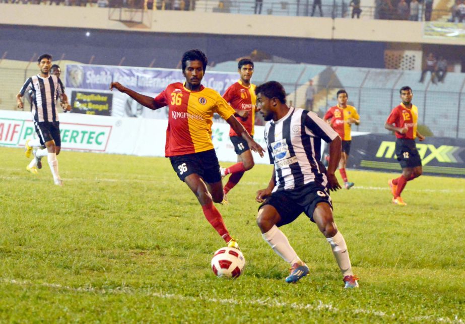 An action from the second semifinal match of the Sheikh Kamal International Club Cup Football Tournament between Kingfisher East Bengal Club of India and Dhaka Mohammedan Sporting Club Limited at the MA Aziz Stadium in Chittagong on Wednesday. Kingfisher