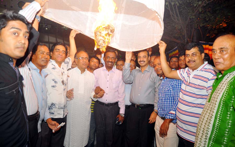 CCC Mayor AJM Nasir Uddin addressing the candle lighting and air balloons opening programmes at Chittagong Buddha Mandir at Nandankanan as Chief Guest in the city on Tuesday.