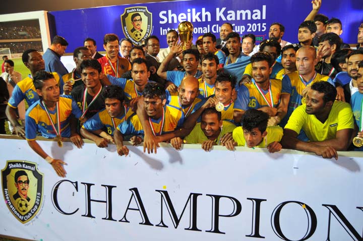 Members of Chittagong Abahani Limited, the champions of the Sheikh Kamal International Club Cup Football Tournament pose for photograph at the MA Aziz Stadium in Chittagong on Friday.