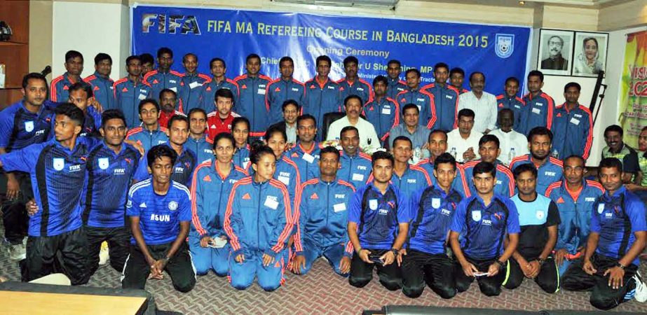 The participants of the FIFA MA Referees Course with the guests and the officials of Bangladesh Football Federation (BFF) pose for a photo session at the conference room of BFF House on Sunday.
