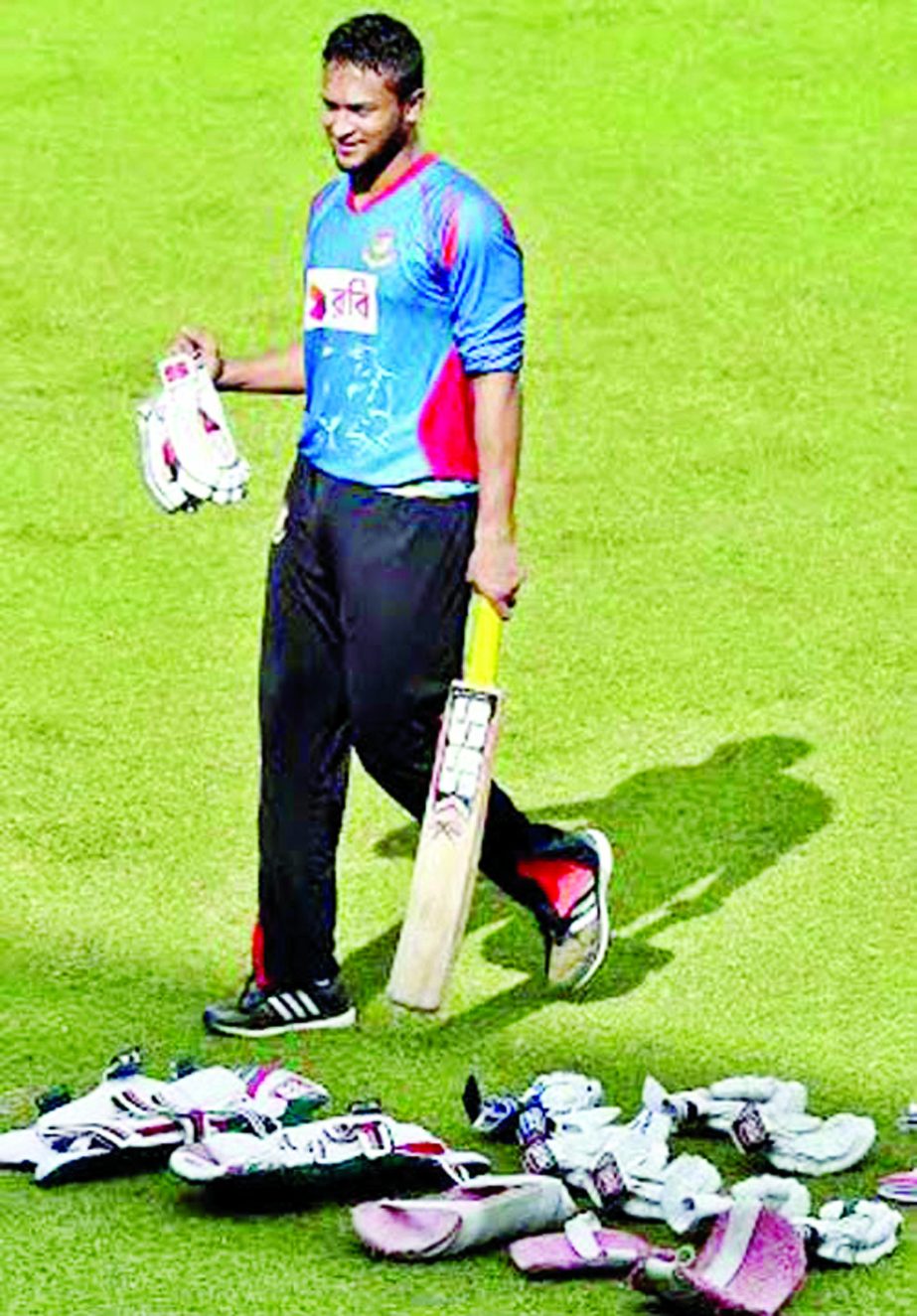 Shakib Al Hasan during a practice session at Mirpur on Sunday.