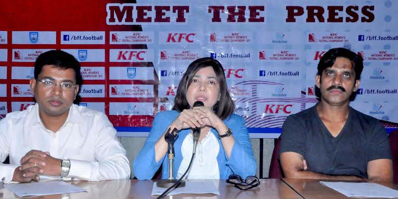 Deputy-Chairperson of Women's Football Committee of BFF Mahfuza Akter Kiron speaking at a press conference at the conference room of BFF House on Sunday.