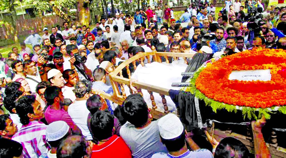 People of all professionals pay respects to Jagriti Publisher Faisal Arefin Dipon with placing wreaths on his coffin in front of Dhaka University Mosque on Sunday.