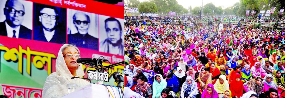 Prime Minister Sheikh Hasina addressing a huge public gathering at Suhrawardy Udyan marking the Jail Killing Day on Monday.
