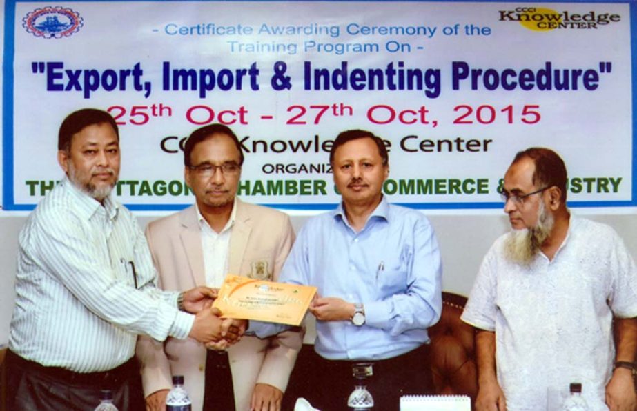 CCCI President Mahabubul Alam distributing certificates among the participants of a training course on export, import and intending procedure at Chamber auditorium yesterday.