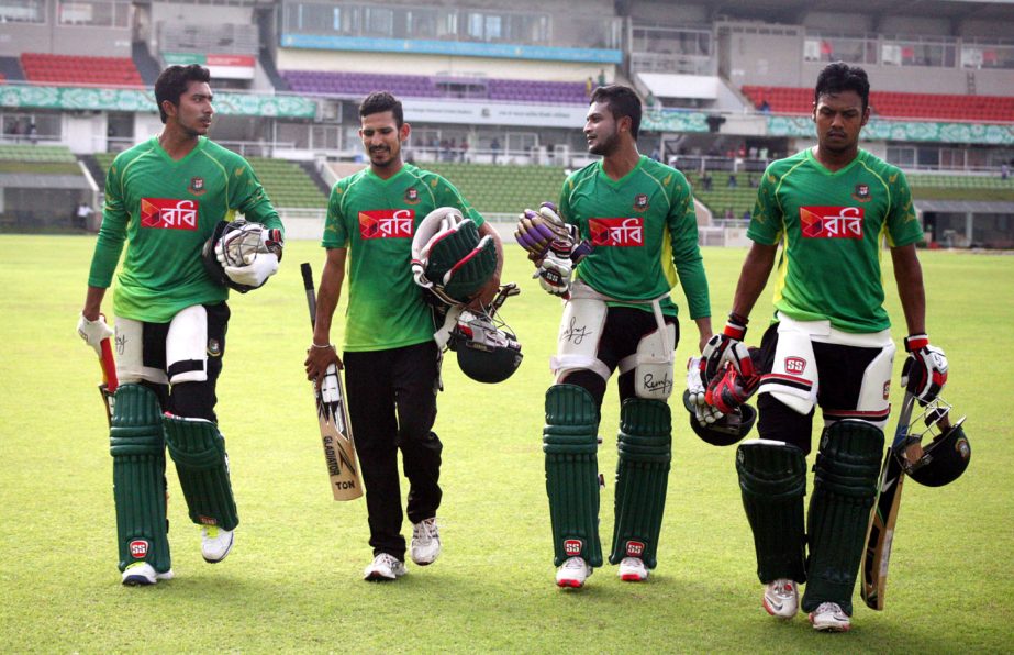 Members of Bangladesh National Cricket team coming out from the field after their practice session at the Sher-e-Bangla National Cricket Stadium in Mirpur on Tuesday.
