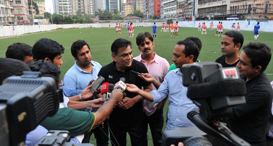 President of Bangladesh Football Federation (BFF) Kazi Salahuddin speaking to the journalists at the BFF Artificial Turf on Tuesday.