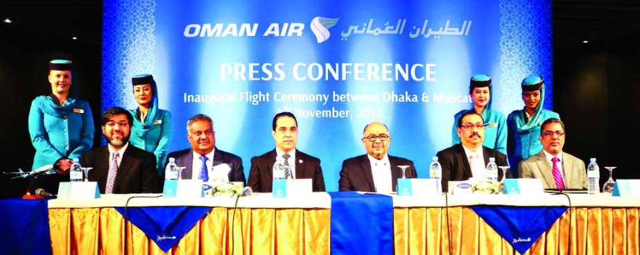 High officials of Oman Air pose at a press conference at the inaugural flight ceremony between Dhaka and Muscat in a city hotel on Wednesday.