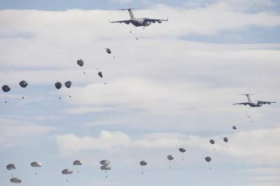 US paratroopers from the 82nd Airborne Division from Fort Bragg in North Carolina, jump of the US C-17 Globemaster aircraft during a NATO military demonstration in Zaragoza, Spain on Wednesday.